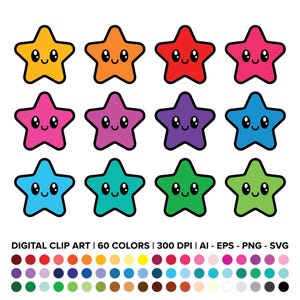 Happy Star Clip Art Set, PNG, SVG, VECTOR, Back to School, Smiling Emoji Shape, Kawaii, Starfish, Classroom Graphics