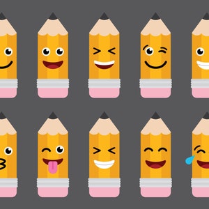 Puede incluir: Un conjunto de diez l&aacute;pices amarillos con diferentes expresiones faciales, incluyendo feliz, triste, sorprendido y gui&ntilde;ando un ojo. Los l&aacute;pices son todos del mismo tama&ntilde;o y forma, y est&aacute;n dispuestos en dos filas de cinco.