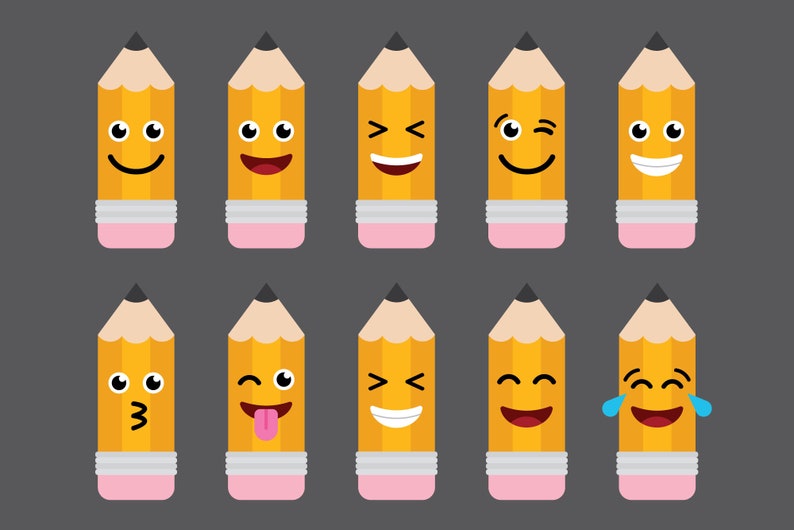 Puede incluir: Un conjunto de diez l&aacute;pices amarillos con diferentes expresiones faciales, incluyendo feliz, triste, sorprendido y gui&ntilde;ando un ojo. Los l&aacute;pices son todos del mismo tama&ntilde;o y forma, y est&aacute;n dispuestos en dos filas de cinco.