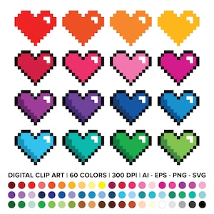 Ensemble de clipart coeur pixel, PNG, SVG, VECTOR, Gaming rétro, jeu vidéo 8 bits, forme de coeur des années 80 et 90, Saint-Valentin, Clipart amour