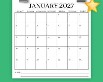 2027 Square Monday to Sunday 12x12 Calendar | INSTANT DOWNLOAD | Large Monthly Printable Minimal Classic Serif Desk  | 12 x 12 Inches