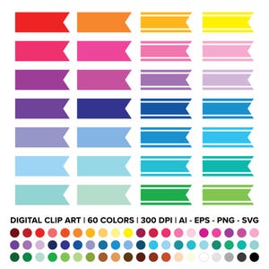 May include: A digital clip art graphic with 60 coloured banner designs in shades of red, orange, pink, purple, blue, green, and yellow. Each banner has a white border. The image includes the text "DIGITAL CLIP ART | 60 COLORS | 300 DPI | AI - EPS - PNG - SVG."