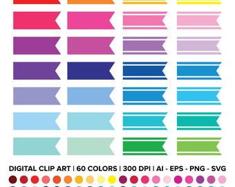 Op de afbeelding: Een digitale clip art-afbeelding met 60 gekleurde bannerontwerpen in tinten rood, oranje, roze, paars, blauw, groen en geel. Elke banner heeft een witte rand. De tekst "DIGITAL CLIP ART | 60 COLORS | 300 DPI | AI - EPS - PNG - SVG" is inbegrepen.
