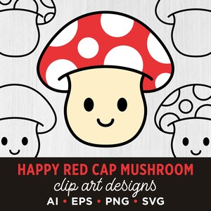 Happy Toadstool Mushroom Clip Art Set, PNG, SVG, VECTOR, eenvoudige lachende paddenstoelvorm in kleur of zwart-wit