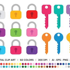 Clip Art Set, PNG, SVG, VECTOR, hangslot, open slot, gesloten slot, ronde sleutel, vierkante sleutel, huissleutels, vierkant slot, slotcollectie