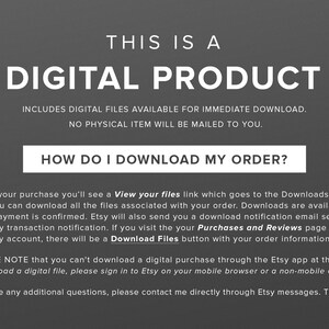 May include: A digital product information graphic with the text "This is a Digital Product" in large white letters on a dark gray background. The text "Includes digital files available for immediate download. No physical item will be mailed to you." is below the title. The text "How do I download my order?" is in a white rectangle with rounded corners. The text below explains how to download the digital files after purchase.