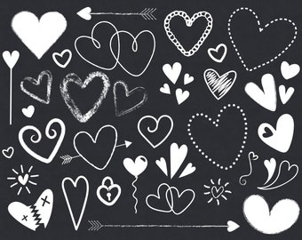 Chalkboard Heart Clip Art Set, PNG, SVG, VECTOR, Scribble, Drawing, Hand Drawn, Black and White, Doodle Hearts, Valentine Clipart