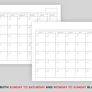 Puede incluir: Dos p&aacute;ginas de calendario en blanco, una con domingo a s&aacute;bado y la otra con lunes a domingo. Cada p&aacute;gina tiene una cuadr&iacute;cula con siete columnas para cada d&iacute;a de la semana y seis filas para cada semana.