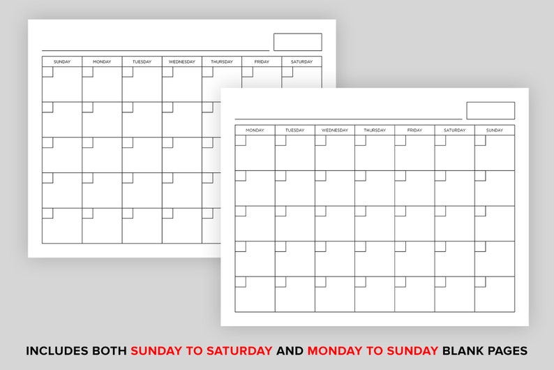 Puede incluir: Dos p&aacute;ginas de calendario en blanco, una con domingo a s&aacute;bado y la otra con lunes a domingo. Cada p&aacute;gina tiene una cuadr&iacute;cula con siete columnas para cada d&iacute;a de la semana y seis filas para cada semana.
