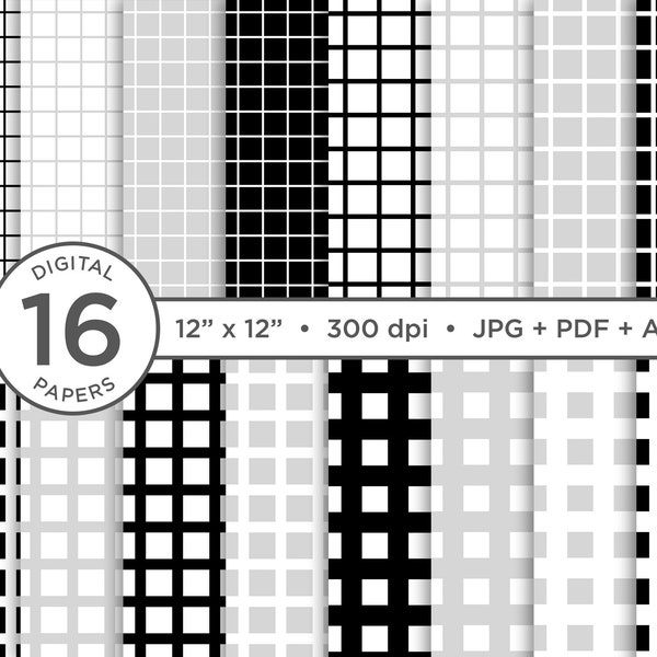 Black & White Seamless Grid Digital Paper, JPG, PDF, VECTOR, Printable Pattern, Seamless Pattern, Geometric Pattern, 12" x 12" Pattern