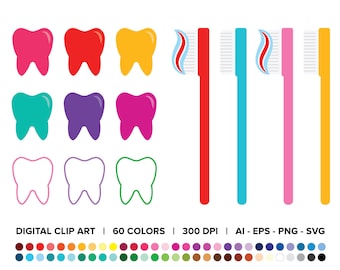 Tooth and Toothbrush Clip Art Set, PNG, SVG, VECTOR, Dentist, Dental, Tooth Health, Toothpaste, Teeth, Dentist Clipart, Tooth Svg