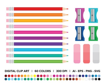 Color Pencil, Sharpener, and Eraser Clip Art, PNG, SVG, VECTOR, Pencil Clipart, Eraser Clipart, Pencil Sharpener Clipart, Back to School