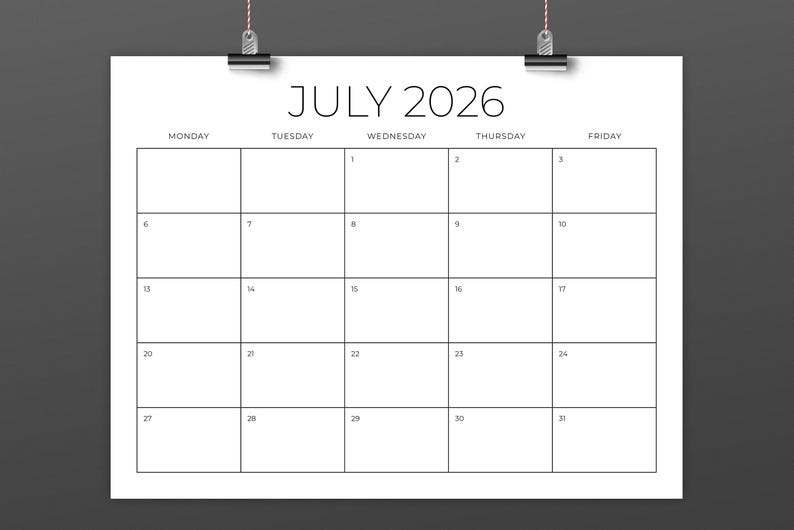 SALE 2026 8.5 X 11 Inch Monday to Friday Calendar Template | INSTANT ...