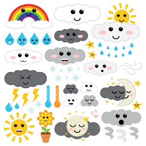 Lindo clip art del clima, PNG, SVG, vector, regreso a la escuela, clipart educativo, clipart del clima, nubes emoji, clipart del sol, preescolar