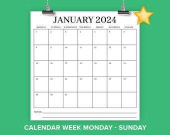 2024 Square Monday to Sunday 12x12 Calendar | INSTANT DOWNLOAD | Large Monthly Printable Minimal Classic Serif Desk  | 12 x 12 Inches