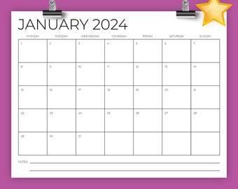 2024 8.5 x 11 Inch Monday to Sunday Calendar Template | INSTANT DOWNLOAD | Modern Thin Sans Serif Type Monthly Printable Desk Wall Calender