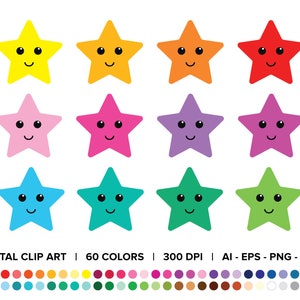 ハッピー スター クリップ アート セット、PNG、SVG、ベクター、新学期、絵文字スター、スター SVG、かわいいスター クリップ アート、笑顔のスター クリップ アート、ヒトデ クリップ アート