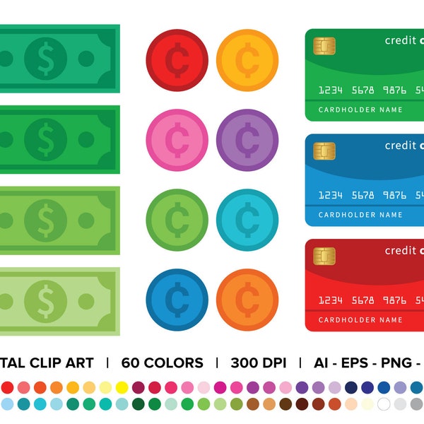 Dollars, Cents, & Credit Cards Clip Art Set, PNG, SVG, VECTOR, Money Symbol, Money Icon, Credit Card Chip, Cash, Bills, Coin, Retail Icons