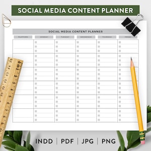 May include: A black and white printable social media content planner with the text "SOCIAL MEDIA CONTENT PLANNER" at the top. The planner is divided into columns for each day of the week, with rows for different social media platforms.