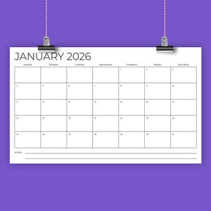 May include: A blank calendar for January 2026 with a simple grid layout. The calendar is divided into seven columns for each day of the week, with the days of the week labeled at the top. The calendar is printed on white paper and has a black border.