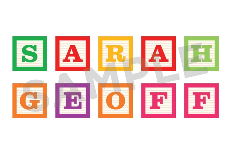 May include: A set of colourful alphabet blocks spelling "SARAH" and "GEOFF". Each block is a different colour, with a contrasting letter. The blocks are arranged in two rows against a white background.