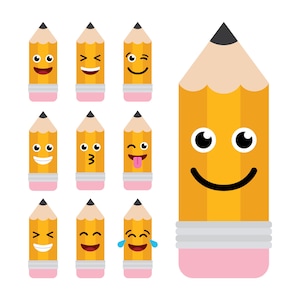 Cute Emoji Pencil Clipart, PNG, SVG, VECTOR, Happy Pencil Clipart, Emoji Pencil svg, Pencil svg, Smile Face Pencil, Preschool clipart