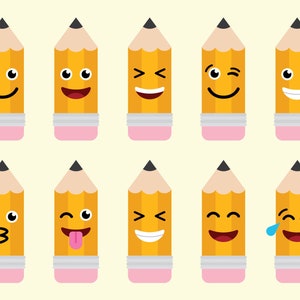 Puede incluir: Un conjunto de diez l&aacute;pices amarillos con diferentes expresiones faciales. Los l&aacute;pices tienen puntas negras, gomas de borrar rosas y est&aacute;n dispuestos en dos filas.