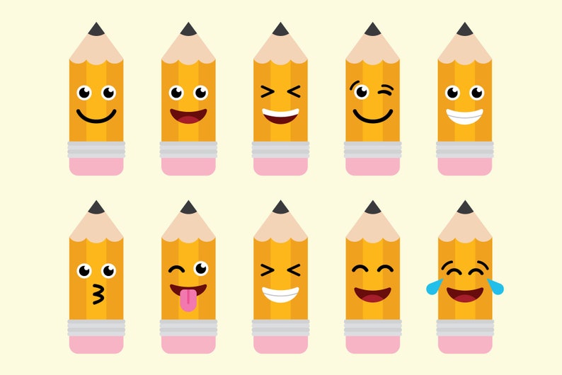 Puede incluir: Un conjunto de diez l&aacute;pices amarillos con diferentes expresiones faciales. Los l&aacute;pices tienen puntas negras, gomas de borrar rosas y est&aacute;n dispuestos en dos filas.