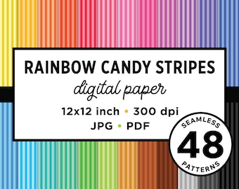 Rainbow Candy Stripes Nahtloses digitales Papier, JPG, PDF, VEKTOR, zweifarbiger und weißer Streifenstil Tileable druckbares Musterset
