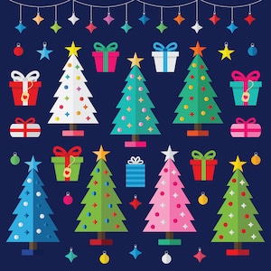 Christmas Tree Party Clip Art Set, PNG, SVG, VECTOR, Christmas Clipart, Ornaments, Garland, Gifts, Presents, Stars, Baubles, Holiday Clipart