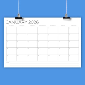 REA 2026 11x17 kalendermall | DIREKT NEDLADDNING | Tunn Sans Serif-typ, månadsvis utskrivbar, minimalistisk skrivbords- eller väggkalender | Utskriftsklar