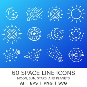 Space Line Icons Set, PNG, SVG, VEKTOR, Mond, Sonne, Sterne, Planeten, Galaxie, Komet, Sonnensystem, Flache Symbole, Weltraum Clipart, Mond Clipart
