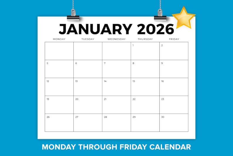 SALE 2026 8.5 X 11 Inch Bold Monday to Friday Calendar Template ...