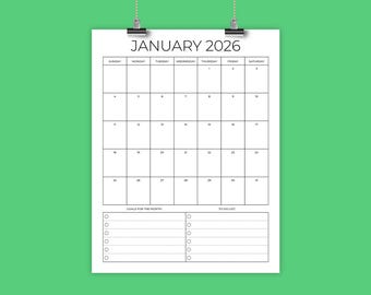 SALE 2026 Vertical 8.5 x 11 Inch Planner Calendar Template | INSTANT DOWNLOAD | Monthly Modern Printable Blank Calender | Print Ready pdf