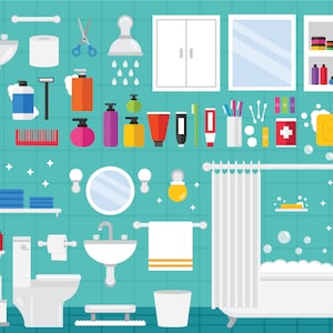 VERKOOP Home badkamer Clip Art, PNG, SVG, Vector, badkuip, douche, toilet, spiegel, bad, toiletartikelen, eerste hulp, tandenborstel, spiegel, wastafel