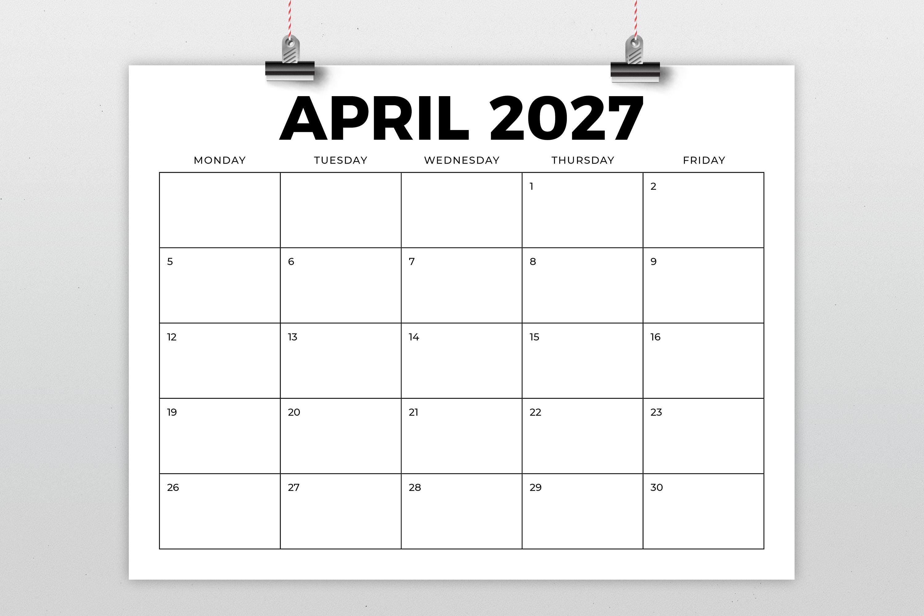 2027 8.5 X 11 Inch Bold Monday to Friday Calendar Template | INSTANT ...