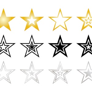 Zestaw klipartów Stars, PNG, SVG, WEKTOR, Czarny, Złoty, Srebrny, Symbol gwiazdy, Kształt gwiazdy, Zarys gwiazdy, Przestrzeń kosmiczna, Wojskowy, Nagroda, Ikony gwiazd
