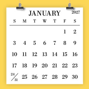 2027 Large Number Square Calendar | INSTANT DOWNLOAD | Simple Monthly Printable Minimal Desk Calender | Prints up to 12 x 12 Inches