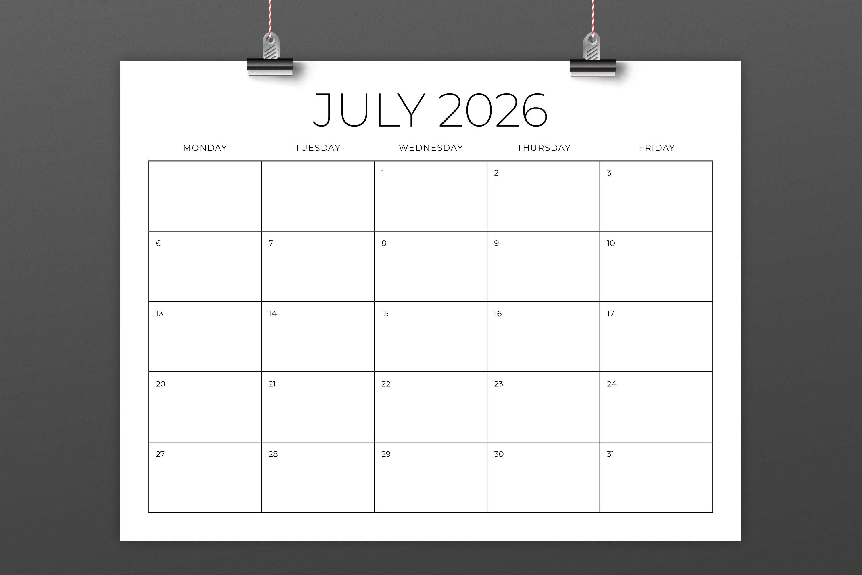 SALE 2026 8.5 X 11 Inch Monday to Friday Calendar Template | INSTANT ...