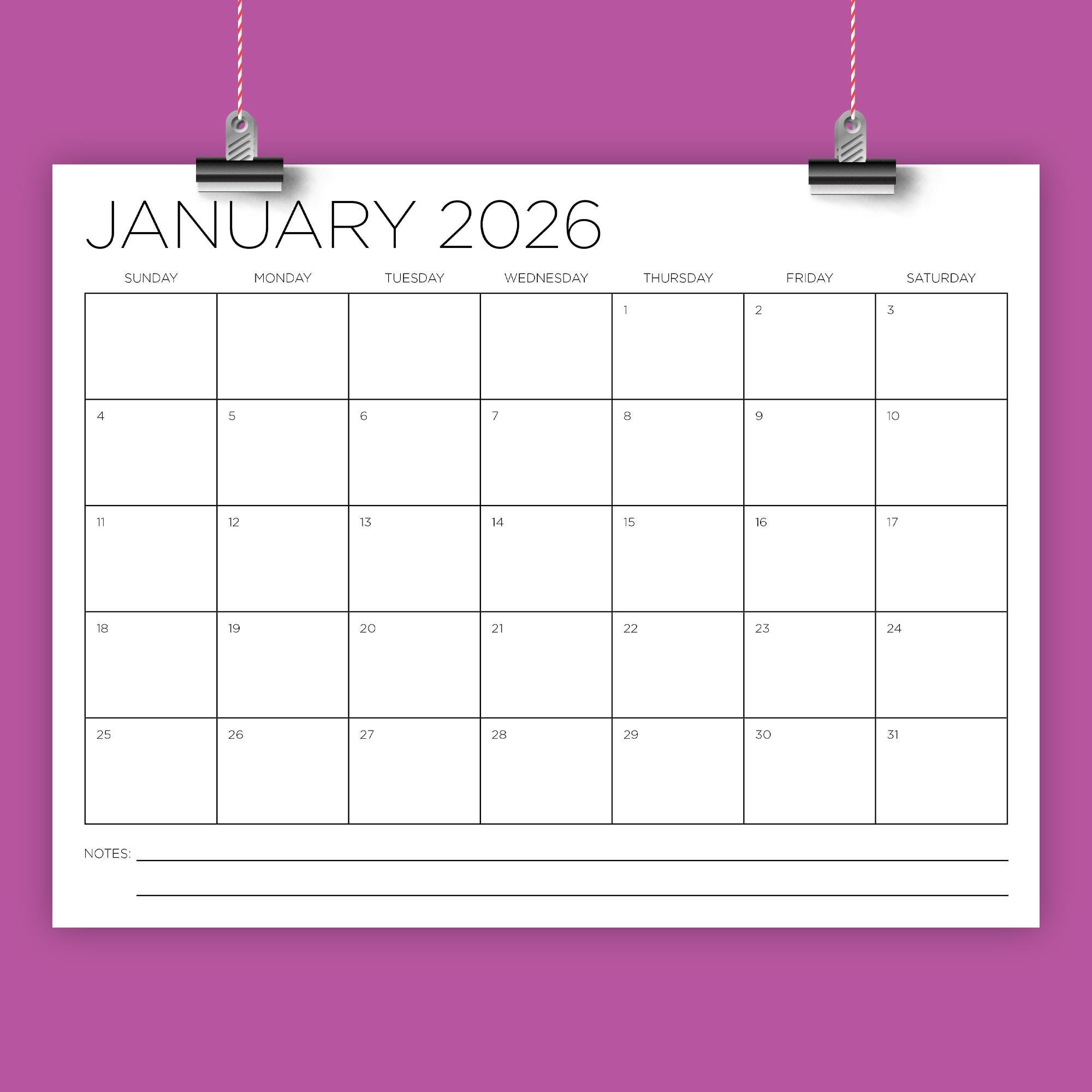 2026 8.5 X 11 Inch Calendar Template | INSTANT DOWNLOAD | Modern Thin ...