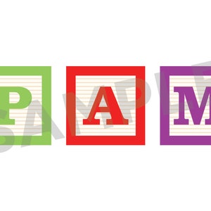 May include: Three colourful alphabet blocks spelling "PAM". The blocks are green, red, and purple, each with a white letter inside. The background is white.