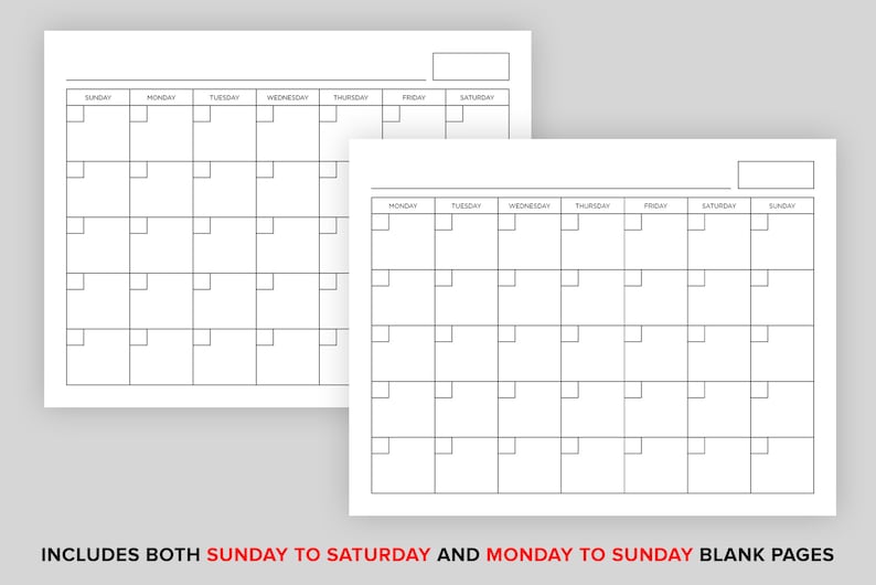 Puede incluir: Dos p&aacute;ginas de calendario en blanco, una con domingo a s&aacute;bado y la otra con lunes a domingo. Cada p&aacute;gina tiene una cuadr&iacute;cula con siete columnas para cada d&iacute;a de la semana y seis filas para cada semana.