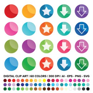 Conjunto de imágenes prediseñadas de botones redondos, PNG, SVG, VECTOR, degradado, marco, círculo, en blanco, flecha, estrella, descarga, enlace, botón de sitio web