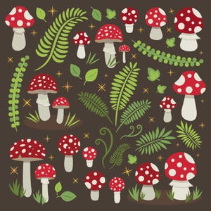 Puede incluir: Una ilustraci&oacute;n caprichosa con setas rojas con lunares blancos, intercaladas con helechos verdes, hojas y estrellas sobre un fondo marr&oacute;n oscuro. Las setas var&iacute;an en tama&ntilde;o y forma, creando un dise&ntilde;o l&uacute;dico inspirado en la naturaleza.