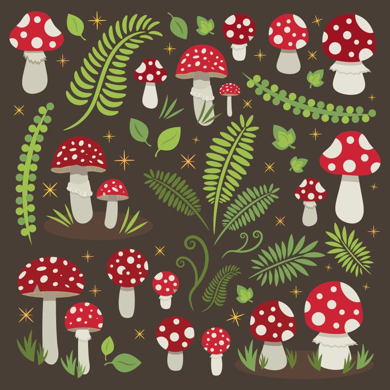 Puede incluir: Una ilustraci&oacute;n caprichosa con setas rojas con lunares blancos, intercaladas con helechos verdes, hojas y estrellas sobre un fondo marr&oacute;n oscuro. Las setas var&iacute;an en tama&ntilde;o y forma, creando un dise&ntilde;o l&uacute;dico inspirado en la naturaleza.