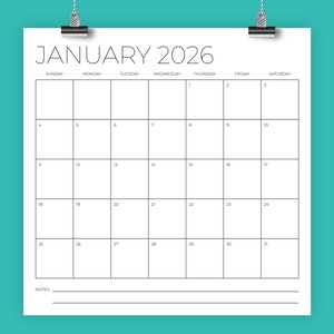2026 Kwadratowy kalendarz 12x12 | NATYCHMIASTOWE POBIERANIE | Duży miesięczny kalendarz biurkowy do druku w minimalistycznym stylu Sans Serif | Wydruki 12 x 12 cali