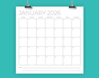 2026 Square 12x12 Calendar | INSTANT DOWNLOAD | Large Monthly Printable Minimal Sans Serif Desk Calender | Prints 12 x 12 Inches