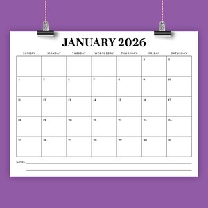 以下が含まれることがあります： 2026年1月の空白の暦。曜日は上に表示され、各日に番号が付けられたボックスがあります。暦の下部にはメモ欄があります。
