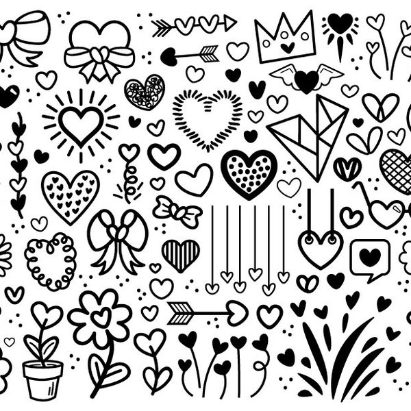 Cartoon Doodle Heart Clip Art Set, PNG, SVG, VECTOR, Hand Drawn Hearts, Cute Heart Clipart, Cartoon Heart Clipart, Heart Svg, Flower Heart