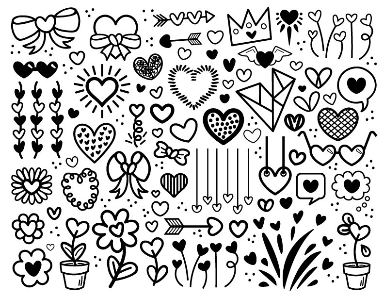 Conjunto de clipart de coração de rabisco de desenho animado, PNG, SVG, VETOR, corações desenhados à mão, clipart de coração fofo, clipart de coração de desenho animado, coração svg, coração de flor